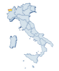 Italian region of Aosta Valley (Valle d’Aosta) highlighted in golden yellow on three-dimensional map of Italy isolated on transparent background. 3D rendering