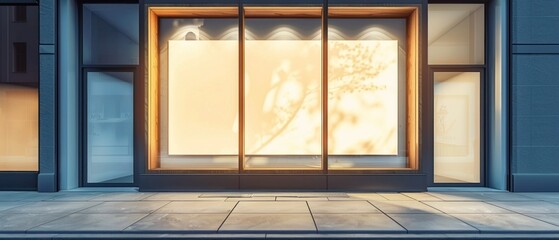 A realistic depiction of a blank mockup featuring a minimalist storefront window display, highlighting professionalism and creativity in retail merchandising.