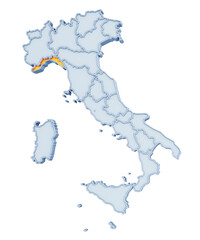 Italian region of Liguria highlighted in golden yellow on three-dimensional map of Italy isolated on transparent background. 3D rendering