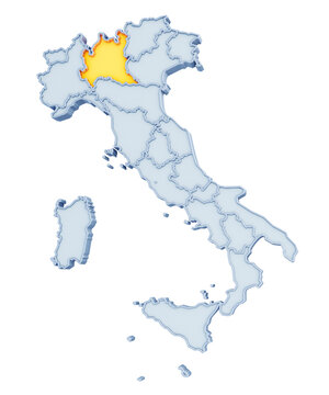 Italian region of Lombardy (Lombardia) highlighted in golden yellow on three-dimensional map of Italy isolated on transparent background. 3D rendering