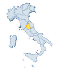Italian region of Umbria highlighted in golden yellow on three-dimensional map of Italy isolated on transparent background. 3D rendering