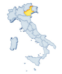Italian region of Veneto highlighted in golden yellow on three-dimensional map of Italy isolated on transparent background. 3D rendering