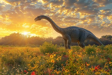 A professional photo showcases the immense size and gentle presence of an Argentinosaurus dinosaur in its natural habitat