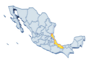 Obraz premium Mexican state of Veracruz highlighted in golden yellow on three-dimensional map of Mexico isolated on transparent background. 3D rendering