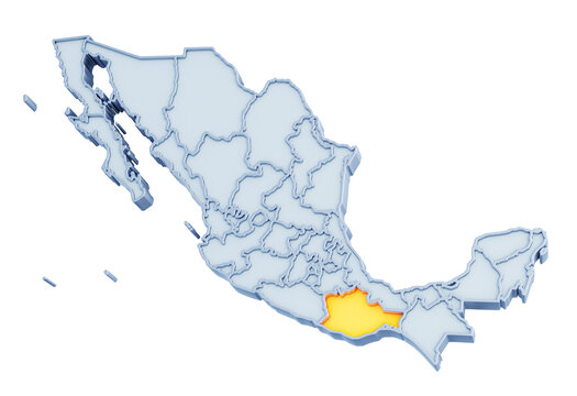 recommend clip art: Mexican state of Oaxaca highlighted in golden yellow on three-dimensional map of Mexico isolated on transparent background. 3D rendering