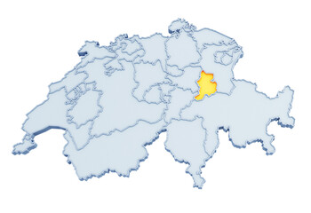 Swiss canton of Glarus highlighted in golden yellow on three-dimensional map of Switzerland isolated on transparent background. 3D rendering