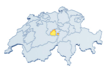 Swiss canton of Obwalden highlighted in golden yellow on three-dimensional map of Switzerland isolated on transparent background. 3D rendering