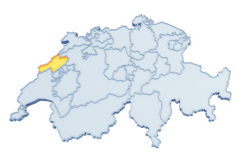 Swiss canton of Neuchâtel highlighted in golden yellow on three-dimensional map of Switzerland isolated on transparent background. 3D rendering