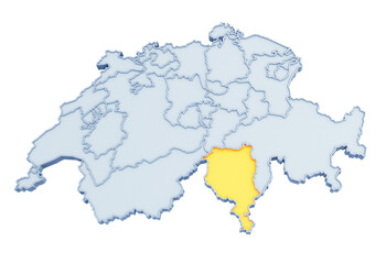 Swiss canton of Ticino highlighted in golden yellow on three-dimensional map of Switzerland isolated on transparent background. 3D rendering