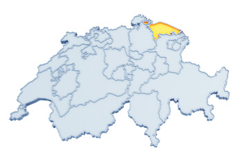 Swiss canton of Thurgau highlighted in golden yellow on three-dimensional map of Switzerland isolated on transparent background. 3D rendering