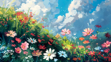 Field Flowers Blue Sky Background