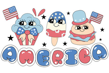 bur American, ice-cream ., cupcake, retro 4th of July, groovy retro 4th of July, groovy, 4th of July day , independence Day, 90s Groovy 4th of July retro clipart,. ' 70's retro American t-shirt design