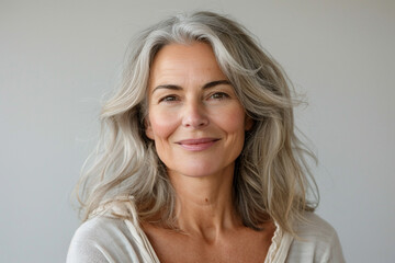 Fototapeta premium Portrait of a smiling middle aged woman, isolated on white background.