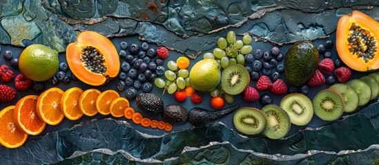 fresh fruits, berries and avocado on a stone background - obrazy, fototapety, plakaty