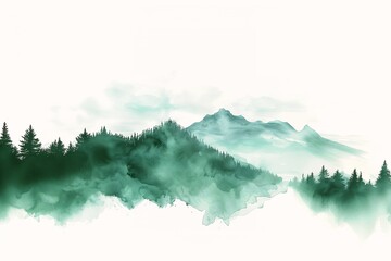 mountain trees illustration green fog panoramic overlooking vast serene forest volumetric clouds canvas breath