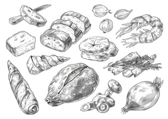 fresh food sketches on white background