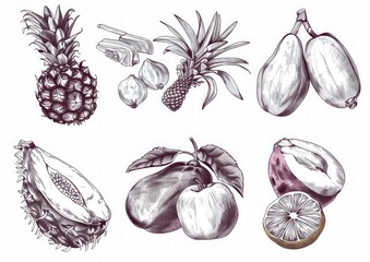 fresh food sketches on white background