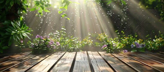 wooden deck at garden and house in sunshine