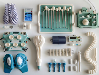 A tray of medical instruments and tools, including a pair of scissors, a syringe - Powered by Adobe