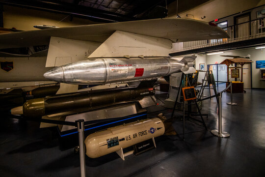 Eglin AFB, FL&mdash;April 29, 2024; BLU 1C/B napalm fire bomb canister hangs from F-105 Thunderchief in United States Air Force Armaments Museum