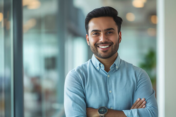 Fototapeta na wymiar Cheerful young businessman stands with arms crossed, smiling confidently in a bright, contemporary office setting, exuding approachability and professional success