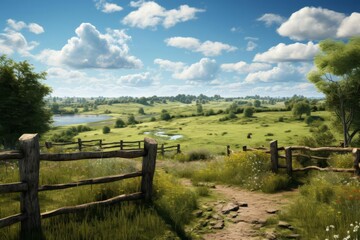 A beautiful landscape with a blue sky, green fields, and a river