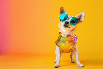 disco dog dancing as a human on bright background