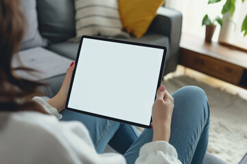 Over-the-shoulder view of a woman at home holding a digital tablet with an empty screen, ready for mockups or interface design presentations. Comfortable living space adds a relaxed atmosphere