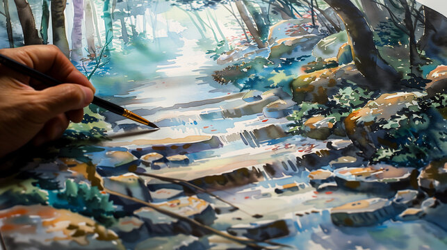 stream forest person holding brush key visual illustration princess tan drawing arrow quiver imagery map stands easel
