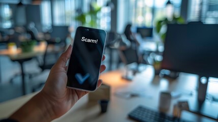 Hand holding a mobile phone with an incoming call from an unknown number. The screen displays the word "Scam!" against a blurred office background