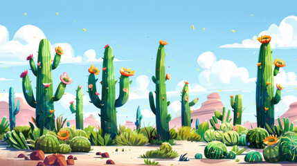 Painting of a desert with cactus trees - obrazy, fototapety, plakaty