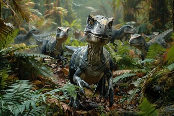 A professional photo captures the Velociraptor dinosaur in its natural habitat, depicting the agile predator prowling through rugged rocky terrain with sharp cliffs and sparse vegetation