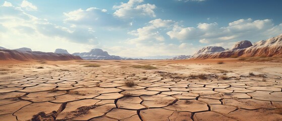 A cracked desert landscape with mountains in the distance.