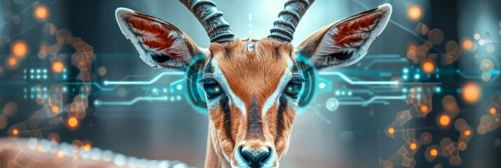A gazelle with augmented reality eyes, visualizing data overlays of the savannah, showcasing a closeup strange style hitech ultrafashionable concept