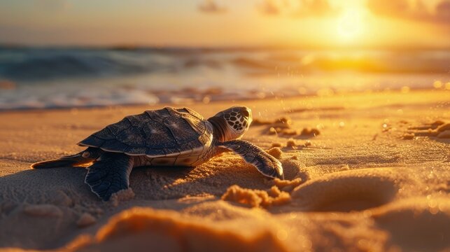 A vibrant image of a turtle hatchling emerging from the sand and making its way to the ocean, representing the fragility and resilience of turtle life cycles on World Turtle Day.