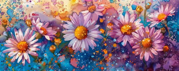 A watercolor painting of pink and white daisies with yellow centers. The daisies are arranged in a row against a background of blue, green, and yellow.