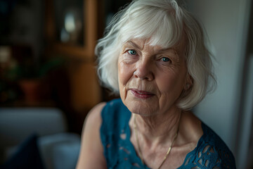 Close-up portrait of an elegant elderly woman with a subtle smile, showcasing wisdom and tranquility, while comfortably posing in a cozy domestic setting surrounded by soft natural light