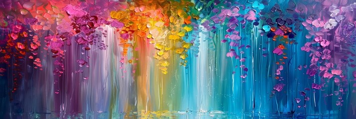 A painting of colorful flowers hanging from the top of the image to the bottom