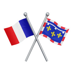 Crossed flags of France and the French region of Centre-Val de Loire isolated on transparent background. 3D rendering