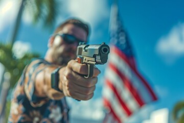 a man in sunglasses holding a gun in front of an american flag