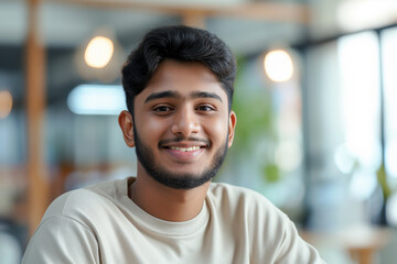 Obraz premium Portrait of a cheerful young man with a captivating smile, exuding confidence and positivity, captured in a naturally lit indoor environment with a soft-focus background