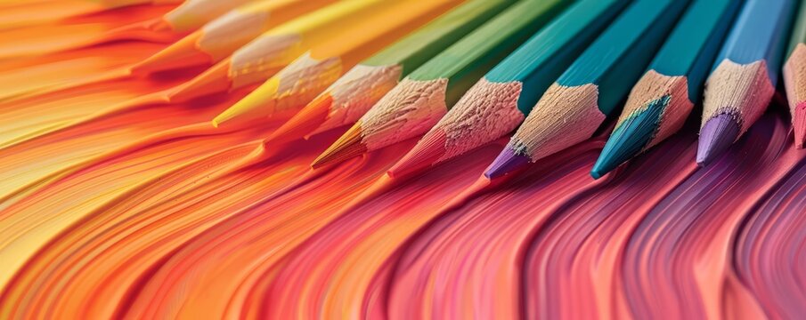 colored pencils on a rainbow background