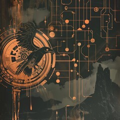 A digital painting of a crow with copper feathers flying through a steampunk landscape with mountains in the background.