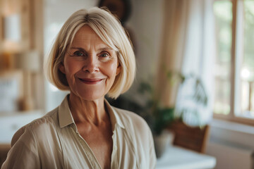 Fototapeta premium Portrait of a poised senior woman exuding confidence and contentment, her warm smile radiating positivity in a cozy, sunlit home environment, embodying grace and wisdom