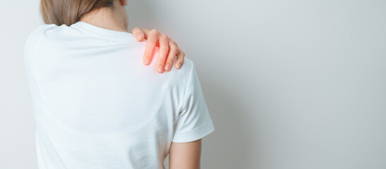 Woman having Shoulder and Neck pain at home. Muscle painful due to Myofascial pain syndrome and...