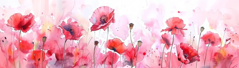  watercolor painting of red poppies in a field, with a soft focus and a pink background.