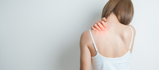 Woman having Shoulder and Neck pain at home. Muscle painful due to Myofascial pain syndrome and...
