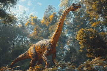 Capture the grace and elegance of a Brachiosaurus as it stretches its long neck to reach high into the treetops for nourishment
