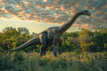 Capture the grace and elegance of a Brachiosaurus as it stretches its long neck to reach high into the treetops for nourishment