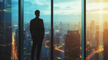 A man in a suit gazes through azure-tinted glass, captivated by the electric blue sky and the symmetrical skyscrapers towering in the cityscape. AIG41